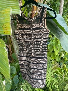 Bandaux Dress by Musani Couture Gold Beige and Black Patterned